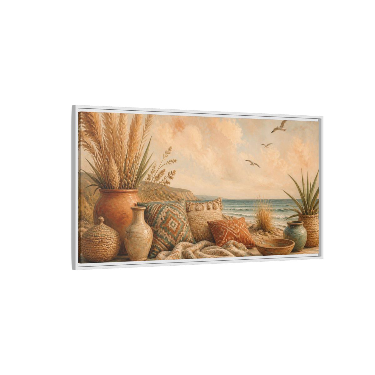 Side Mockup 3. Boho Coastal Seascape shown as framed canvas print