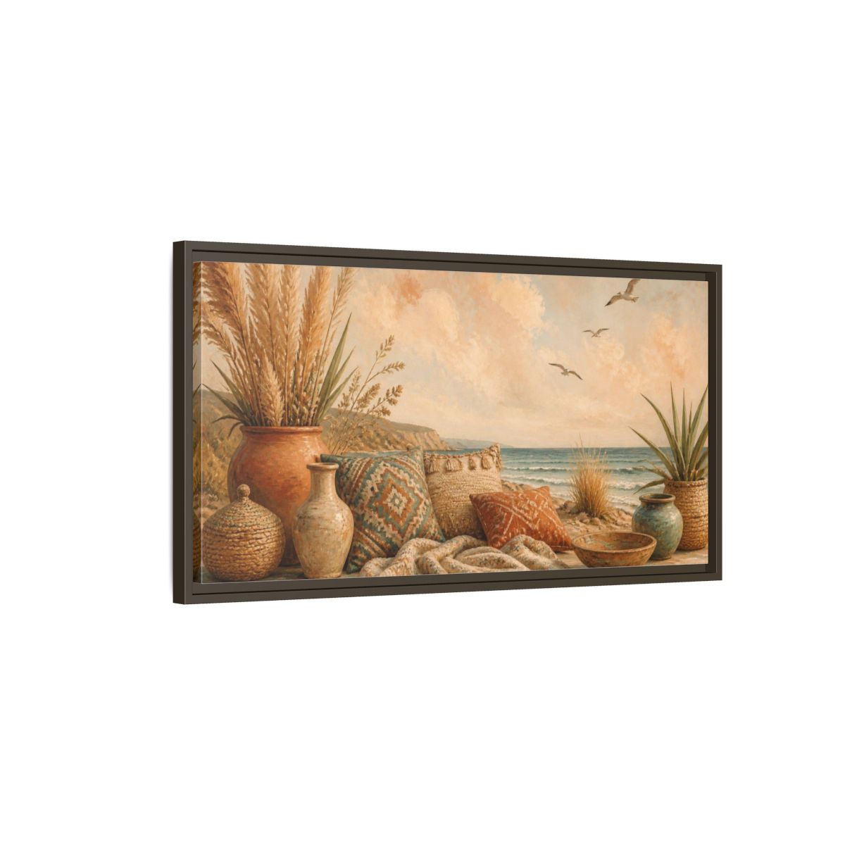 Main Mockup. Boho Coastal Seascape shown as framed canvas print