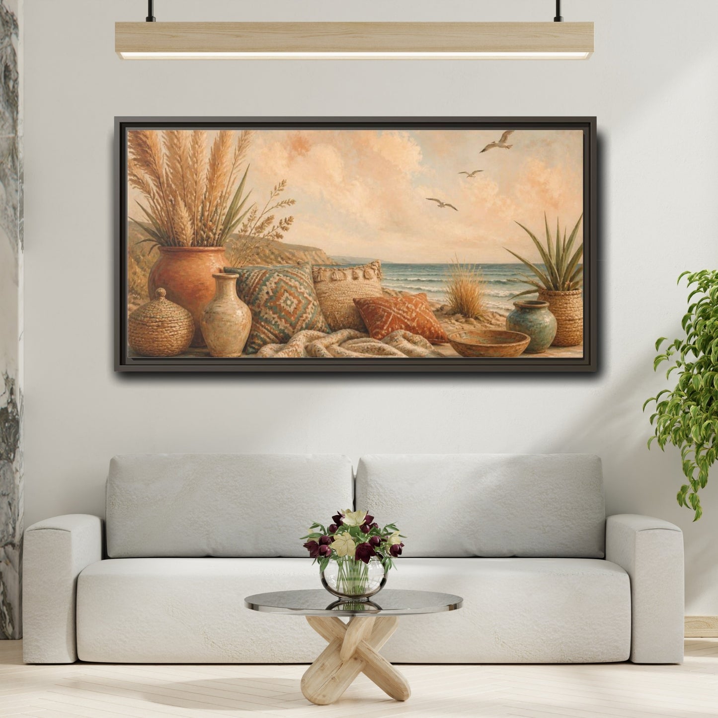 Mockup 2. Boho Coastal Seascape shown as framed canvas print