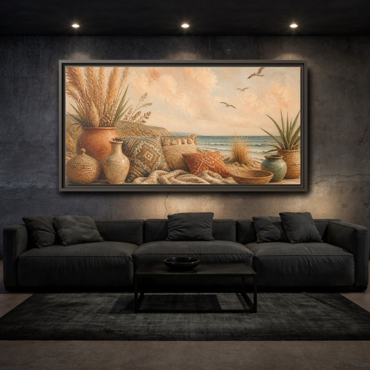 Mockup 3. Boho Coastal Seascape shown as framed canvas print