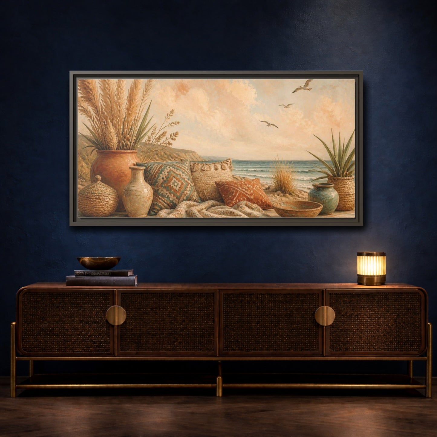 Mockup 4. Boho Coastal Seascape shown as framed canvas print