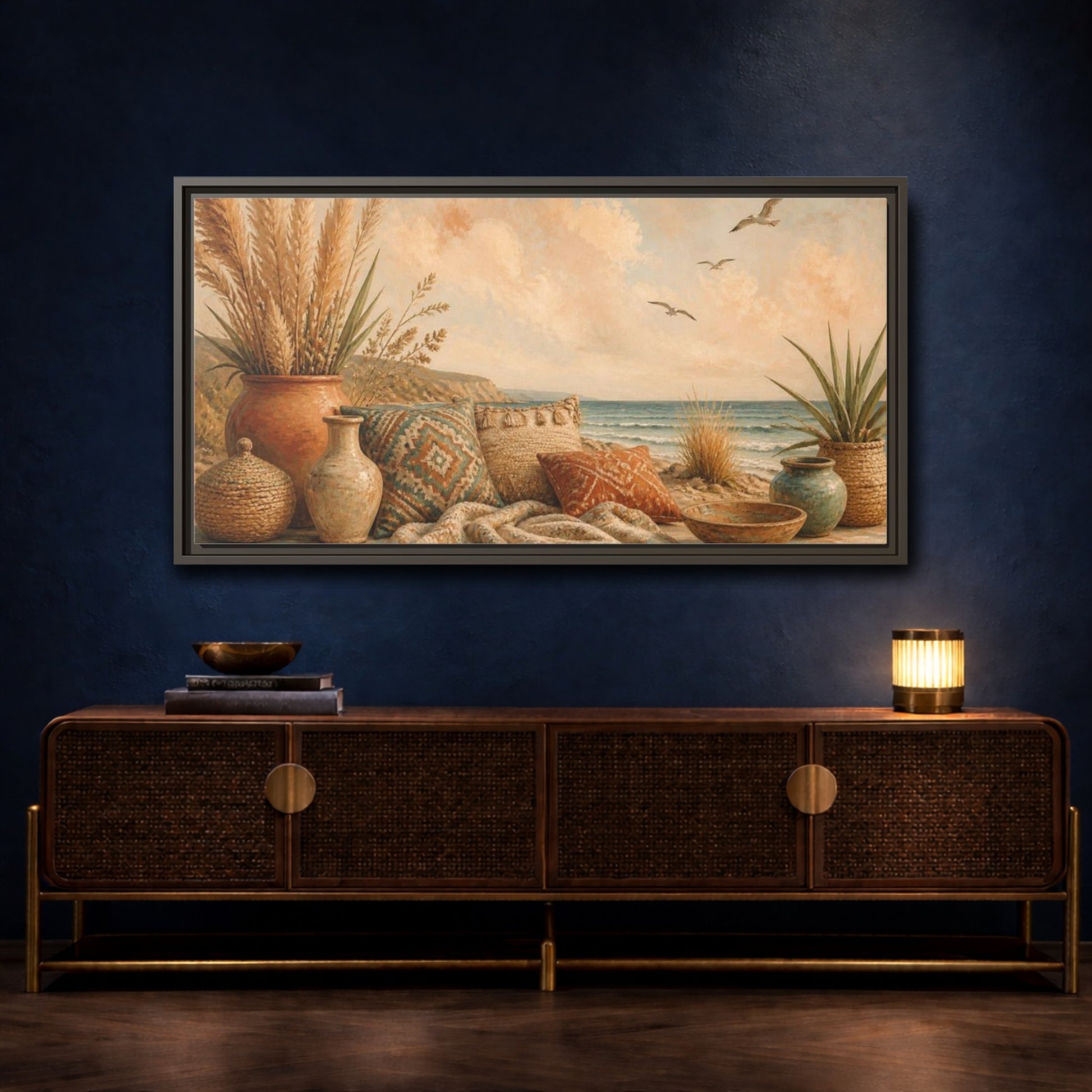 Mockup 4. Boho Coastal Seascape shown as framed canvas print