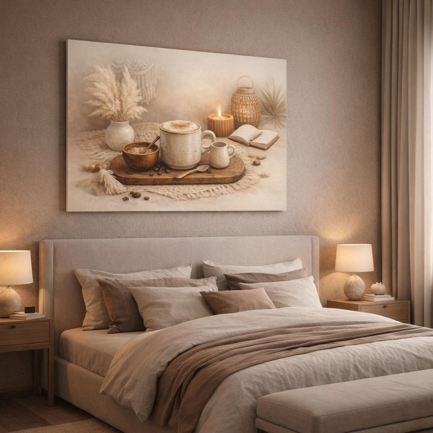 Boho Coffee Time shown as canvas wall art in a luxury bedroom
