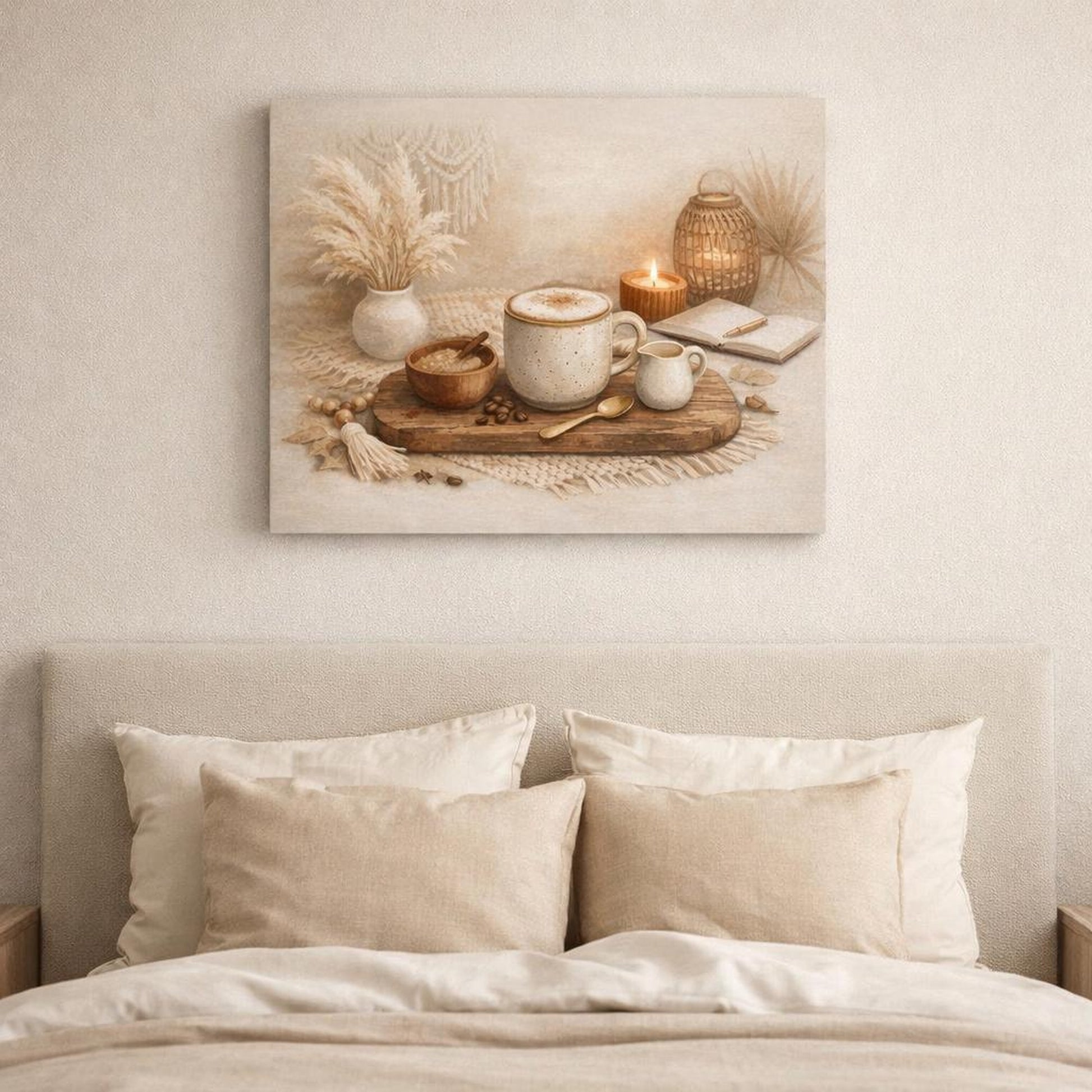 Boho Coffee Time shown as canvas wall art in an elegant contemporary kitchen