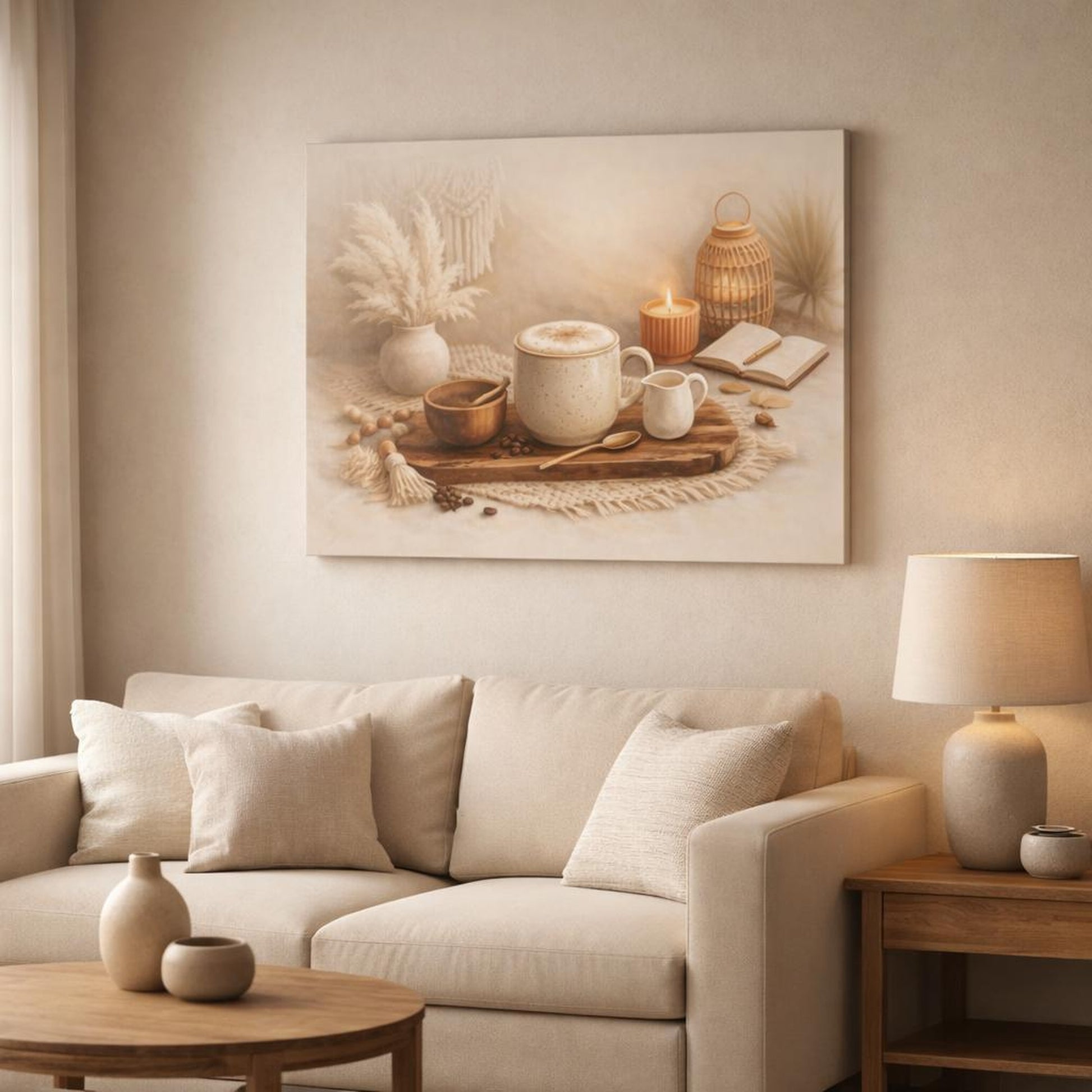 Boho Coffee Time shown as canvas wall art in a modern living room