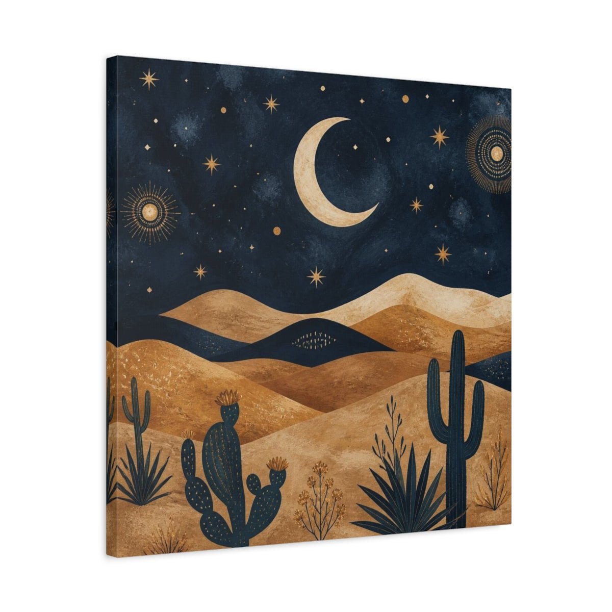Boho Crescent Moon Desert Canvas Print – Bedroom, Above Bed, Midnight Blue & Bronze - YesArtYes