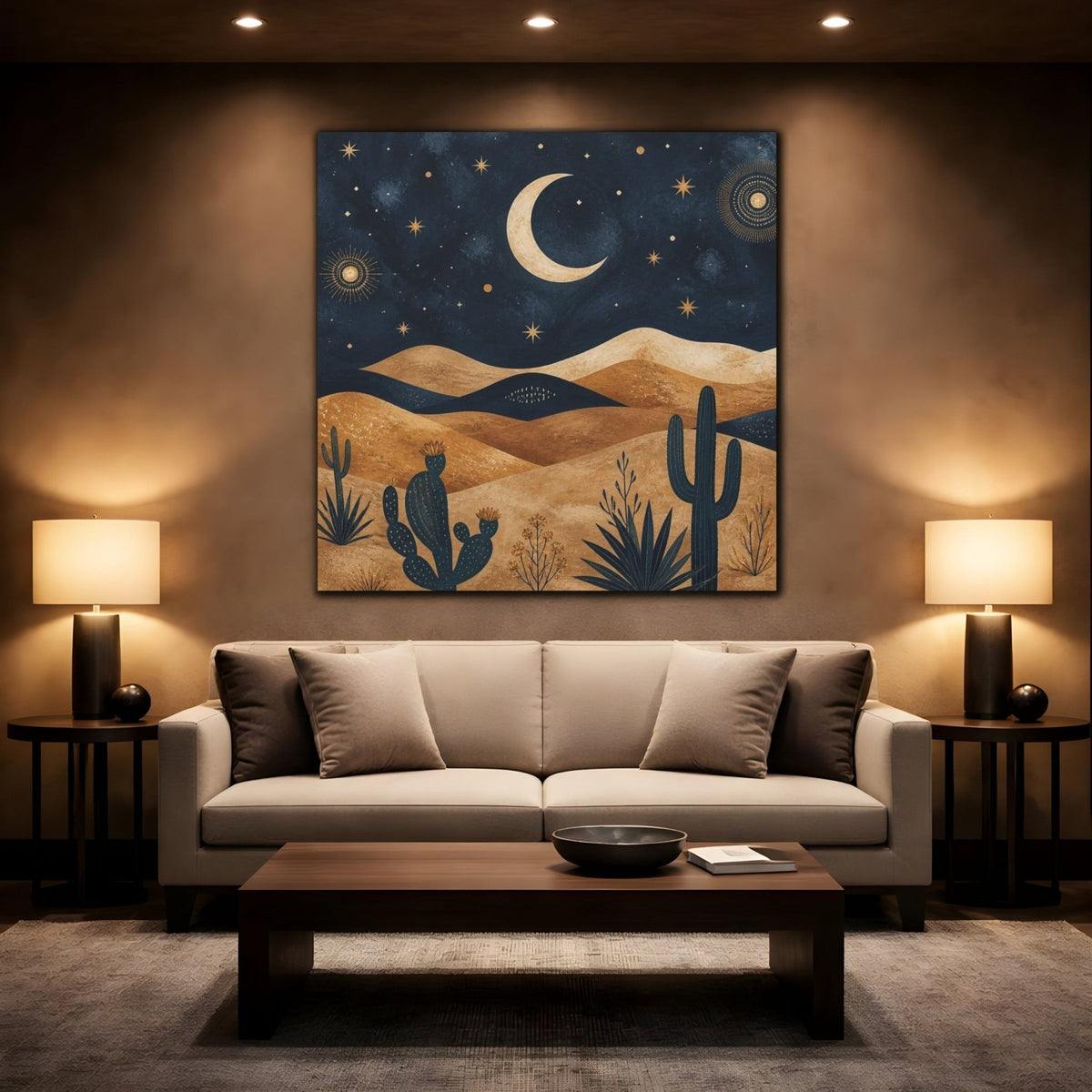 Boho Crescent Moon Desert Canvas Print – Bedroom, Above Bed, Midnight Blue & Bronze - YesArtYes