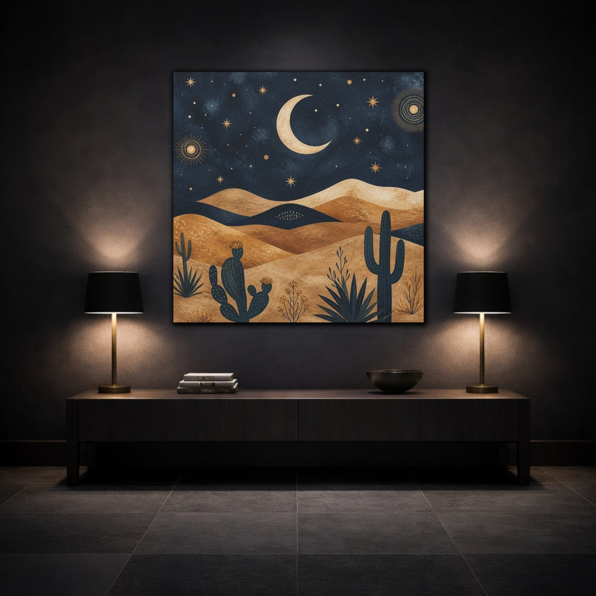 Boho Crescent Moon Desert Canvas Print – Bedroom, Above Bed, Midnight Blue & Bronze - YesArtYes