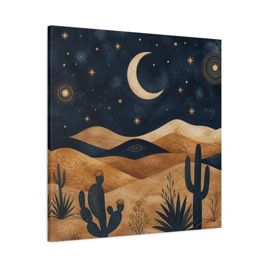 Boho Crescent Moon Desert Canvas Print – Bedroom, Above Bed, Midnight Blue & Bronze - YesArtYes