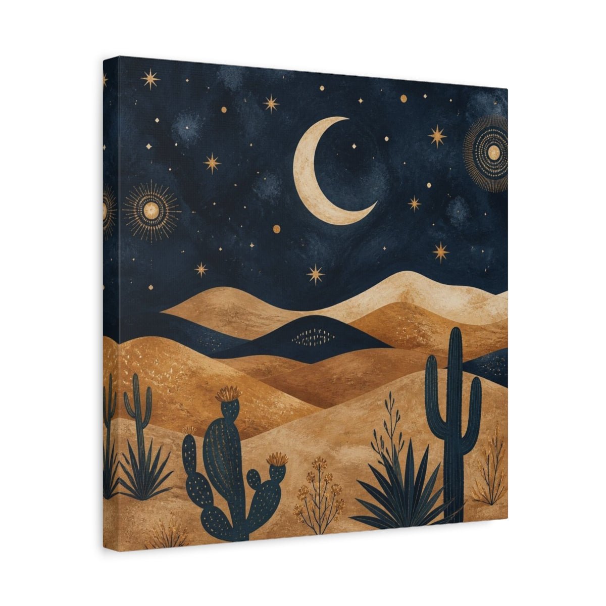 Boho Crescent Moon Desert Canvas Print – Bedroom, Above Bed, Midnight Blue & Bronze - YesArtYes