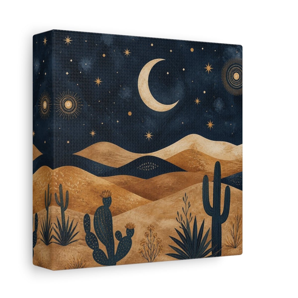 Boho Crescent Moon Desert Canvas Print – Bedroom, Above Bed, Midnight Blue & Bronze - YesArtYes