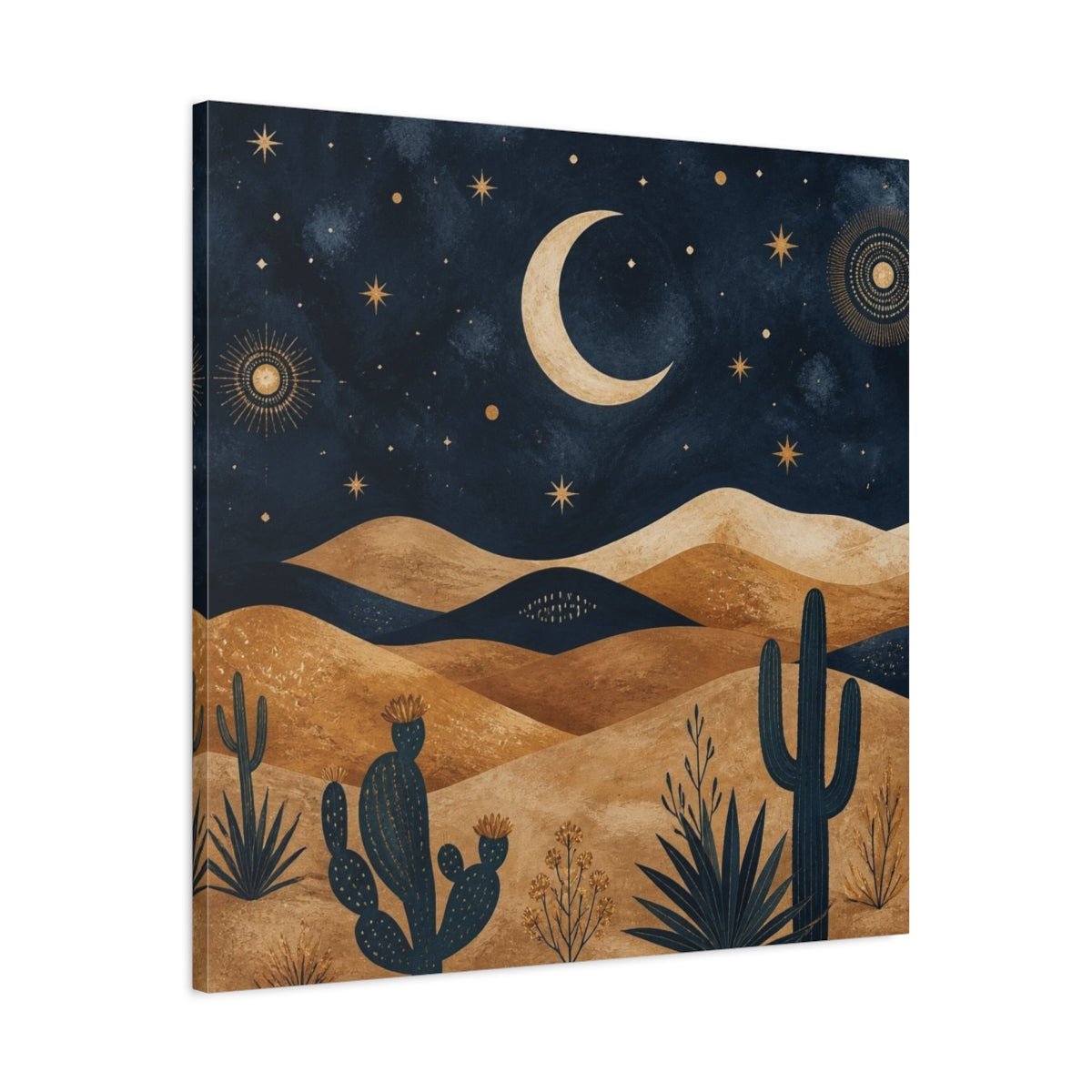 Boho Crescent Moon Desert Canvas Print – Bedroom, Above Bed, Midnight Blue & Bronze - YesArtYes