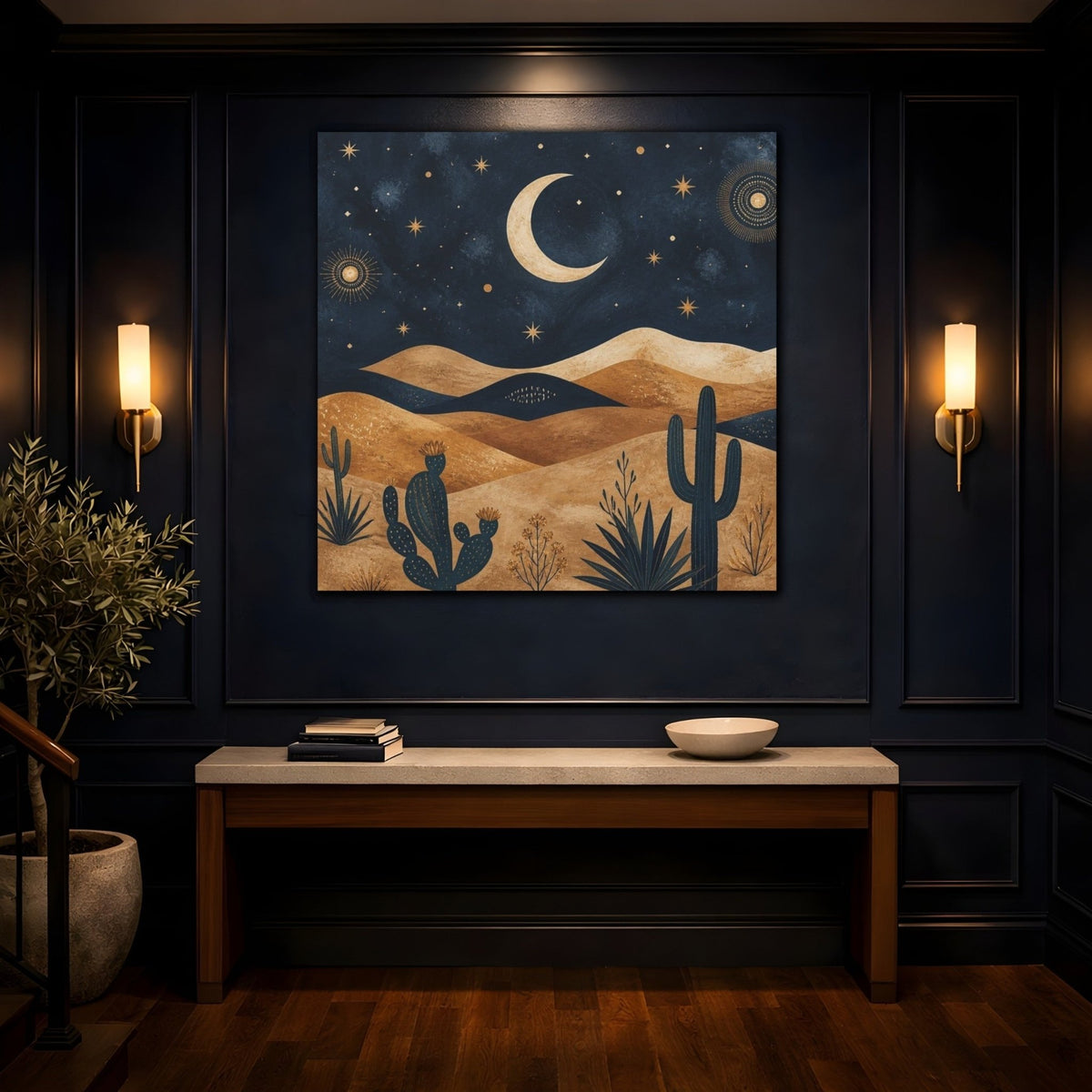 Boho Crescent Moon Desert Canvas Print – Bedroom, Above Bed, Midnight Blue & Bronze - YesArtYes