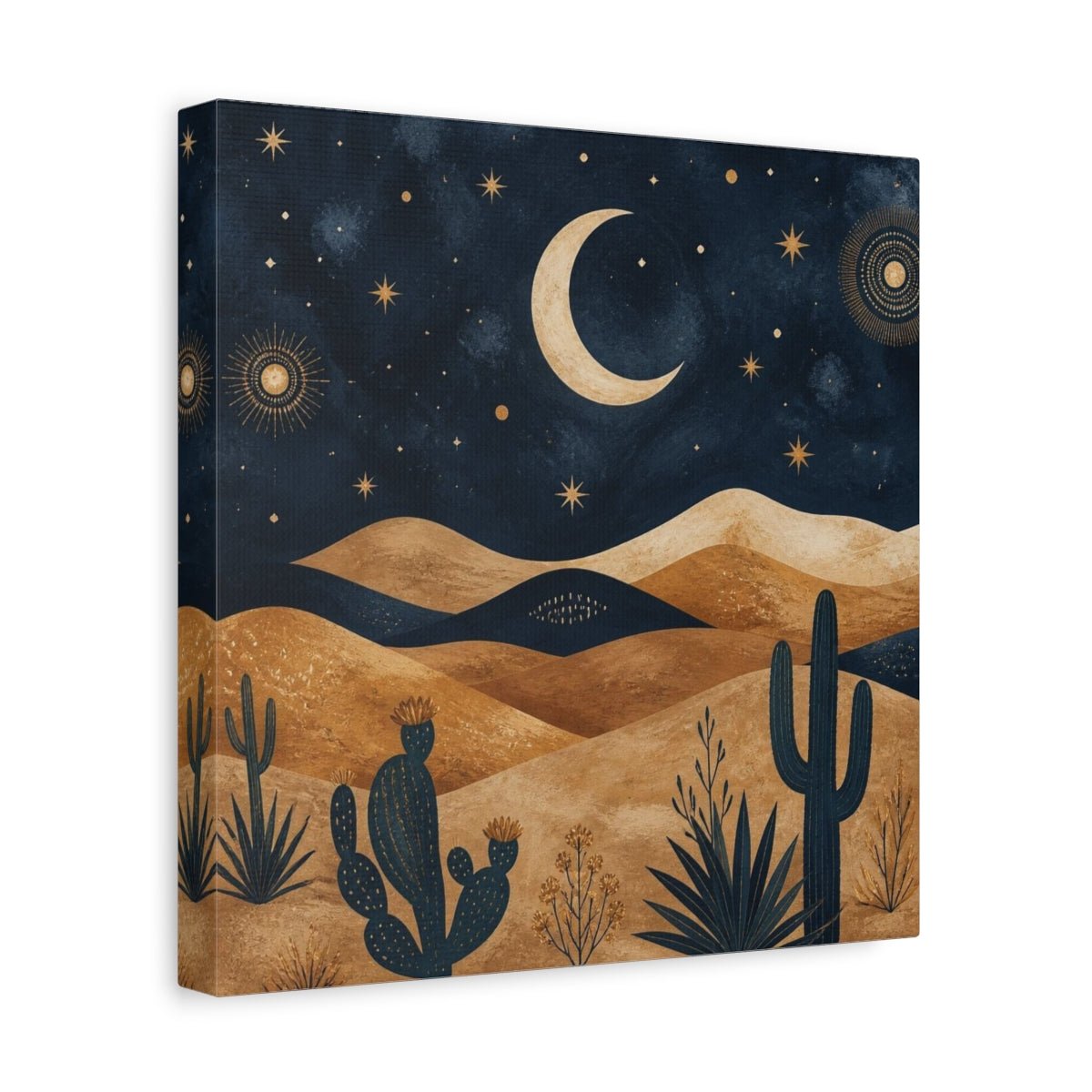 Boho Crescent Moon Desert Canvas Print – Bedroom, Above Bed, Midnight Blue & Bronze - YesArtYes