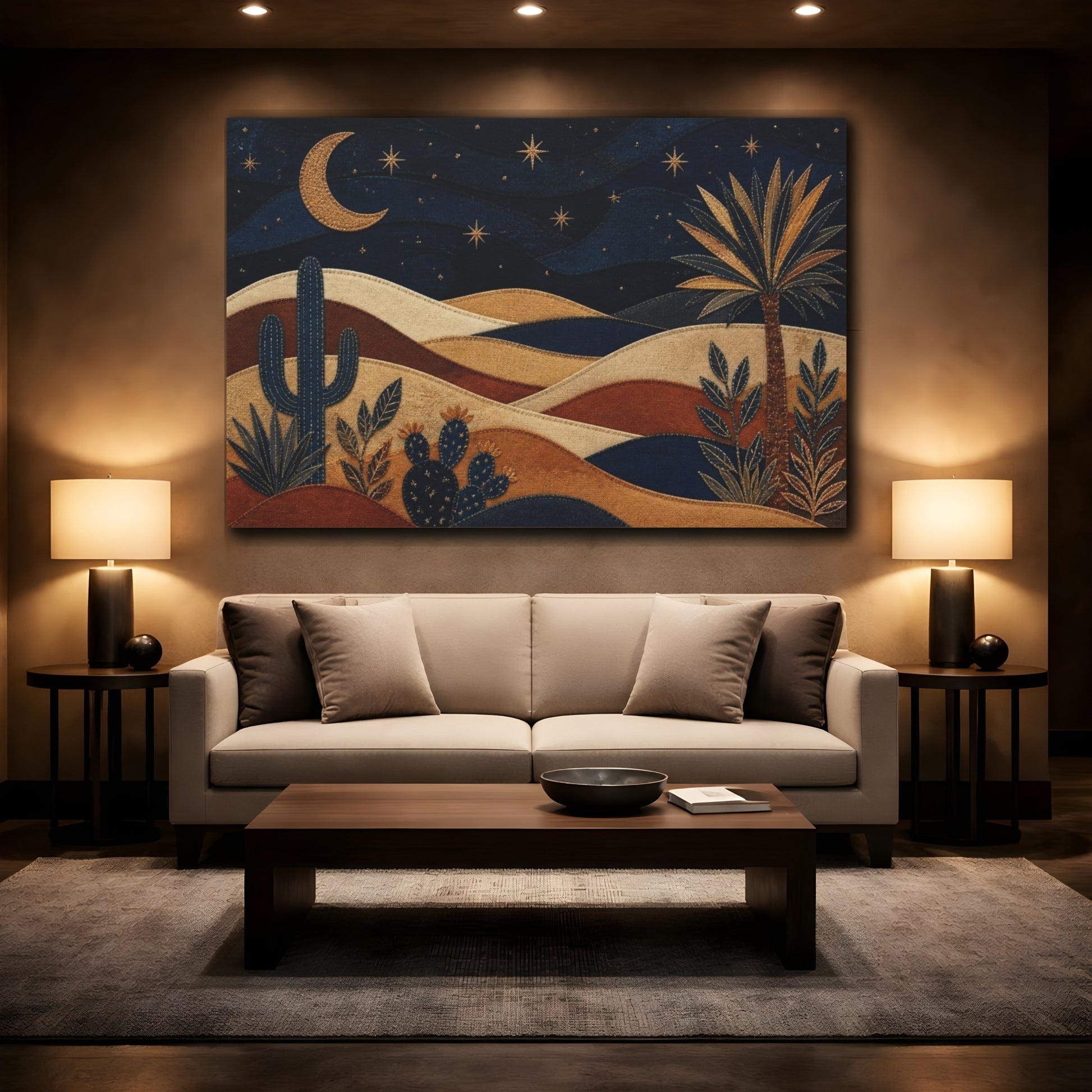 Mockup 2. Boho Crescent Moon Dunes shown as canvas print