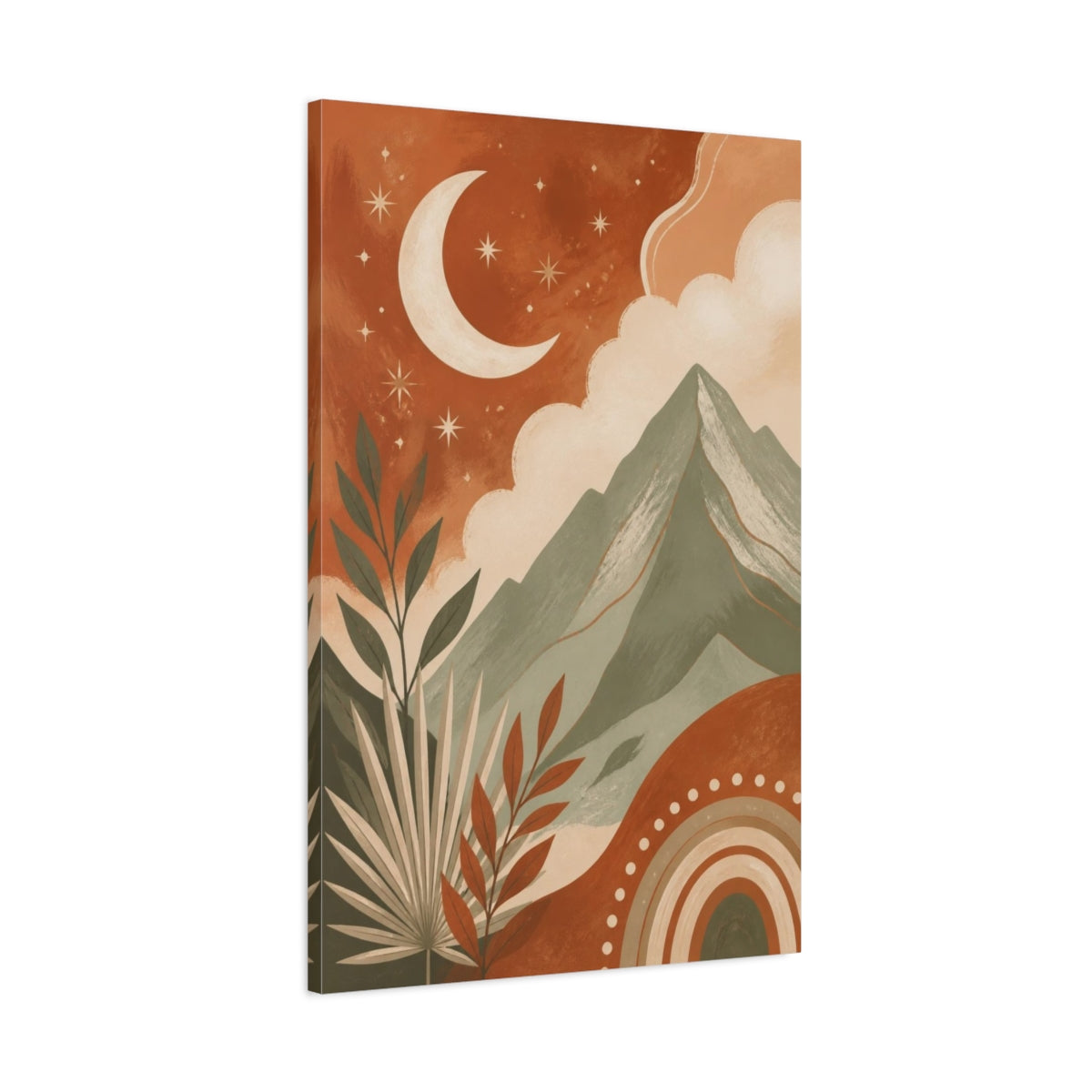 Main Mockup. Boho Crescent Moon Mountain shown as canvas print