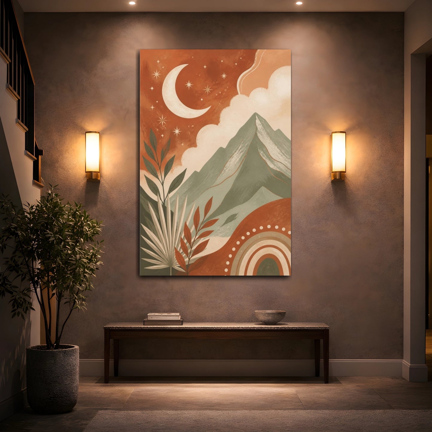 Mockup 2. Boho Crescent Moon Mountain shown as canvas print