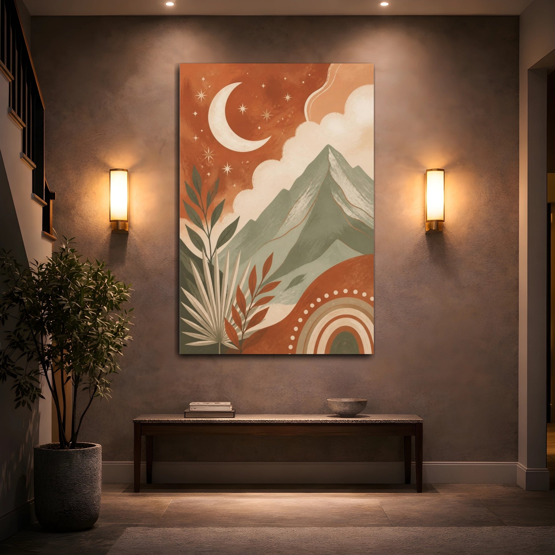 Mockup 2. Boho Crescent Moon Mountain shown as canvas print