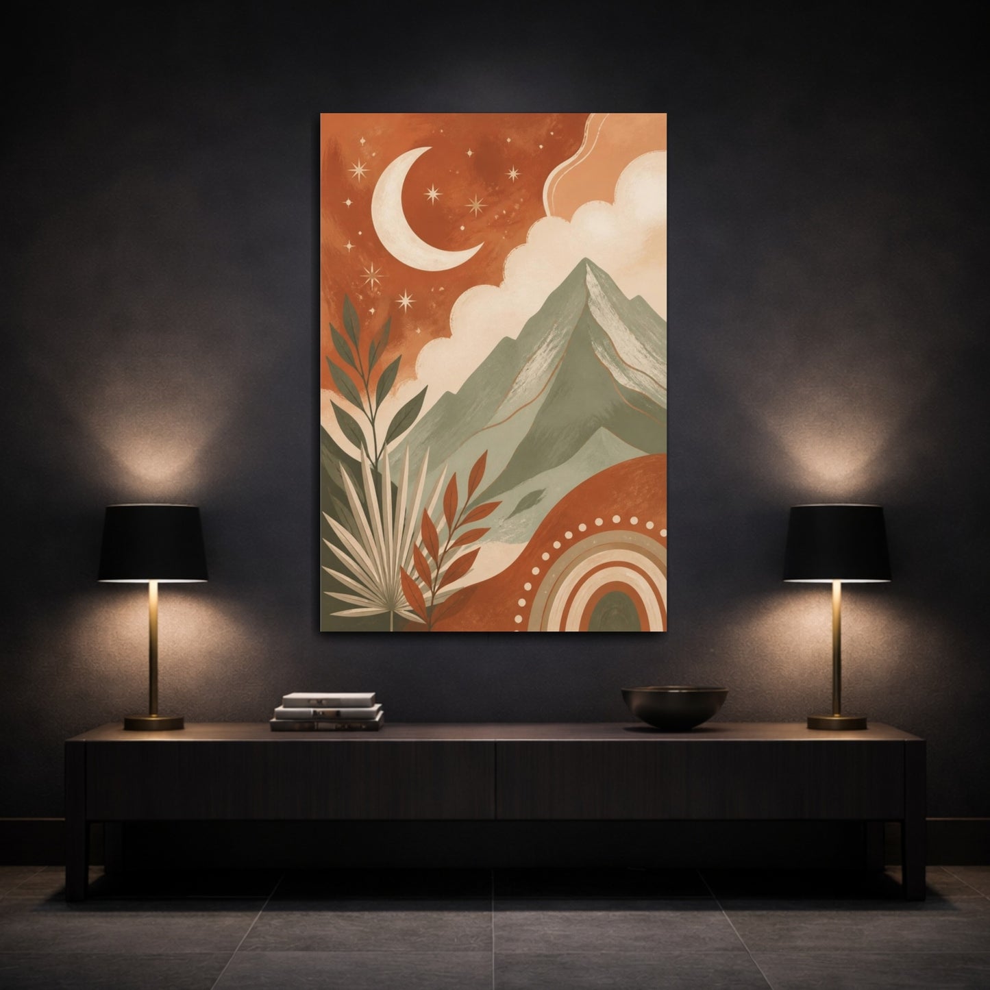 Mockup 3. Boho Crescent Moon Mountain shown as canvas print