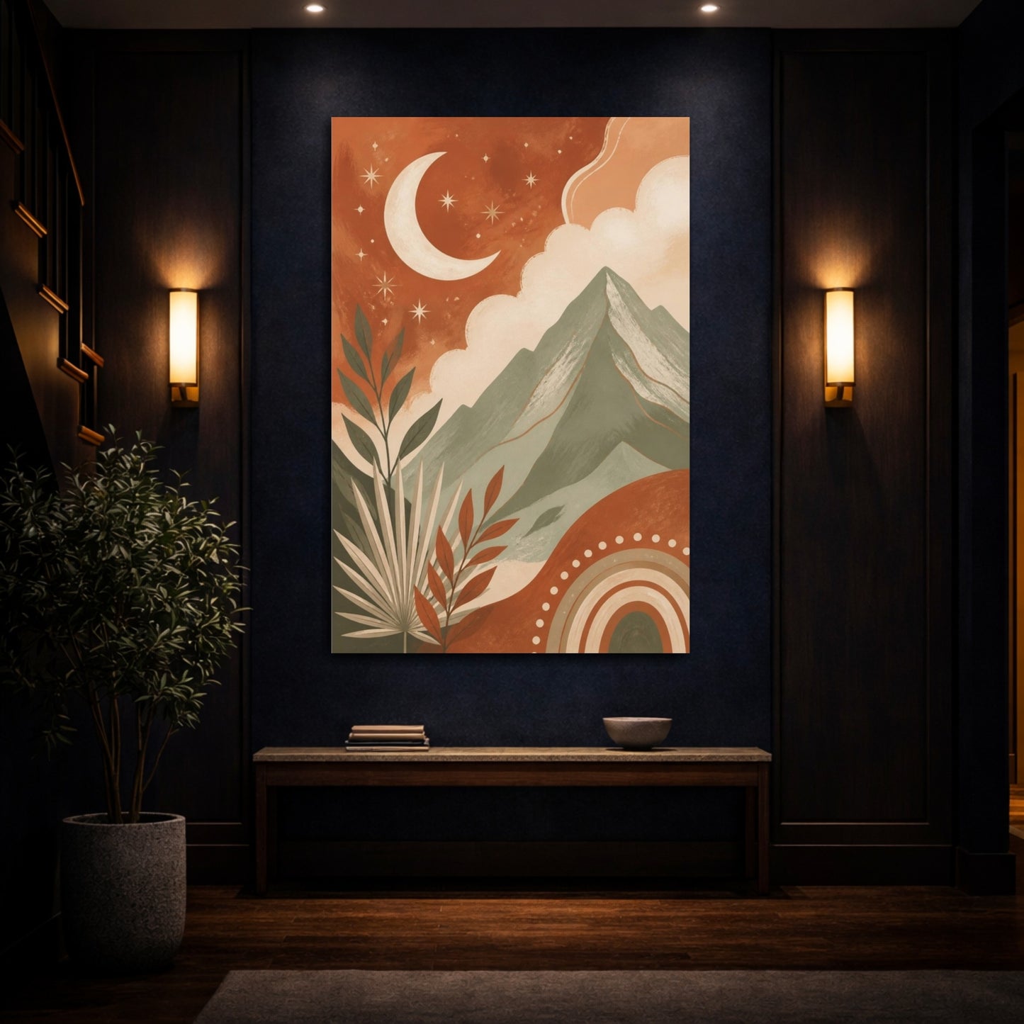Mockup 4. Boho Crescent Moon Mountain shown as canvas print
