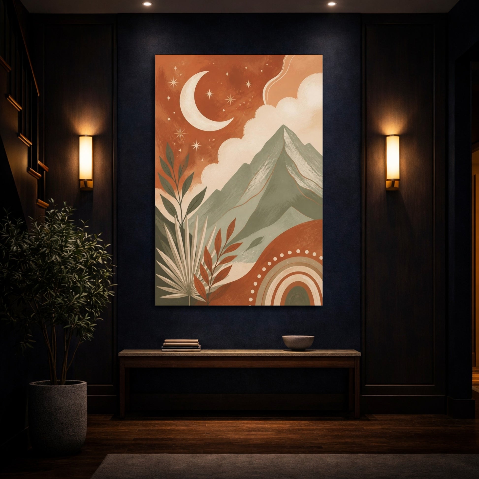 Mockup 4. Boho Crescent Moon Mountain shown as canvas print