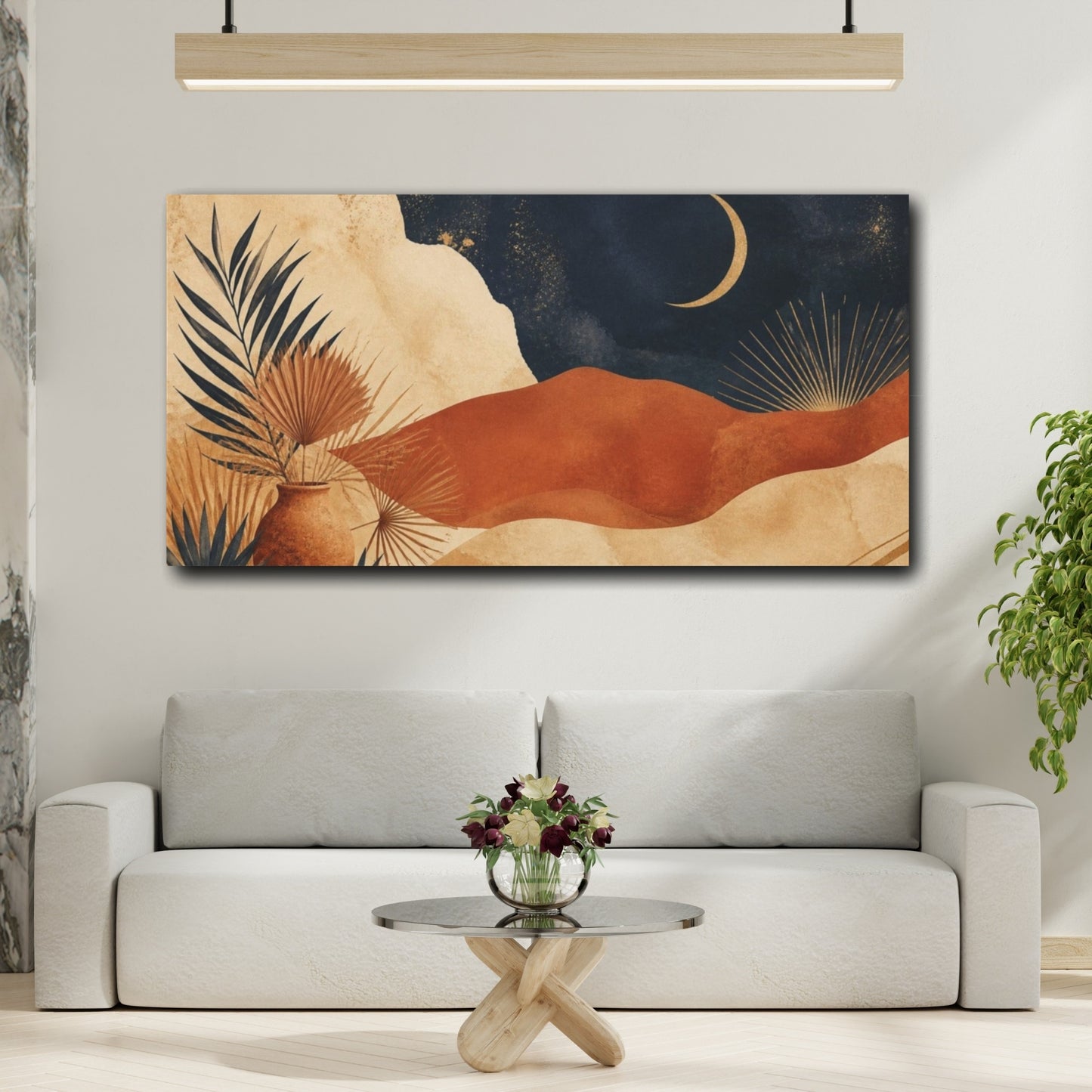 Mockup 2. Boho Crescent Moon Scene shown as canvas print
