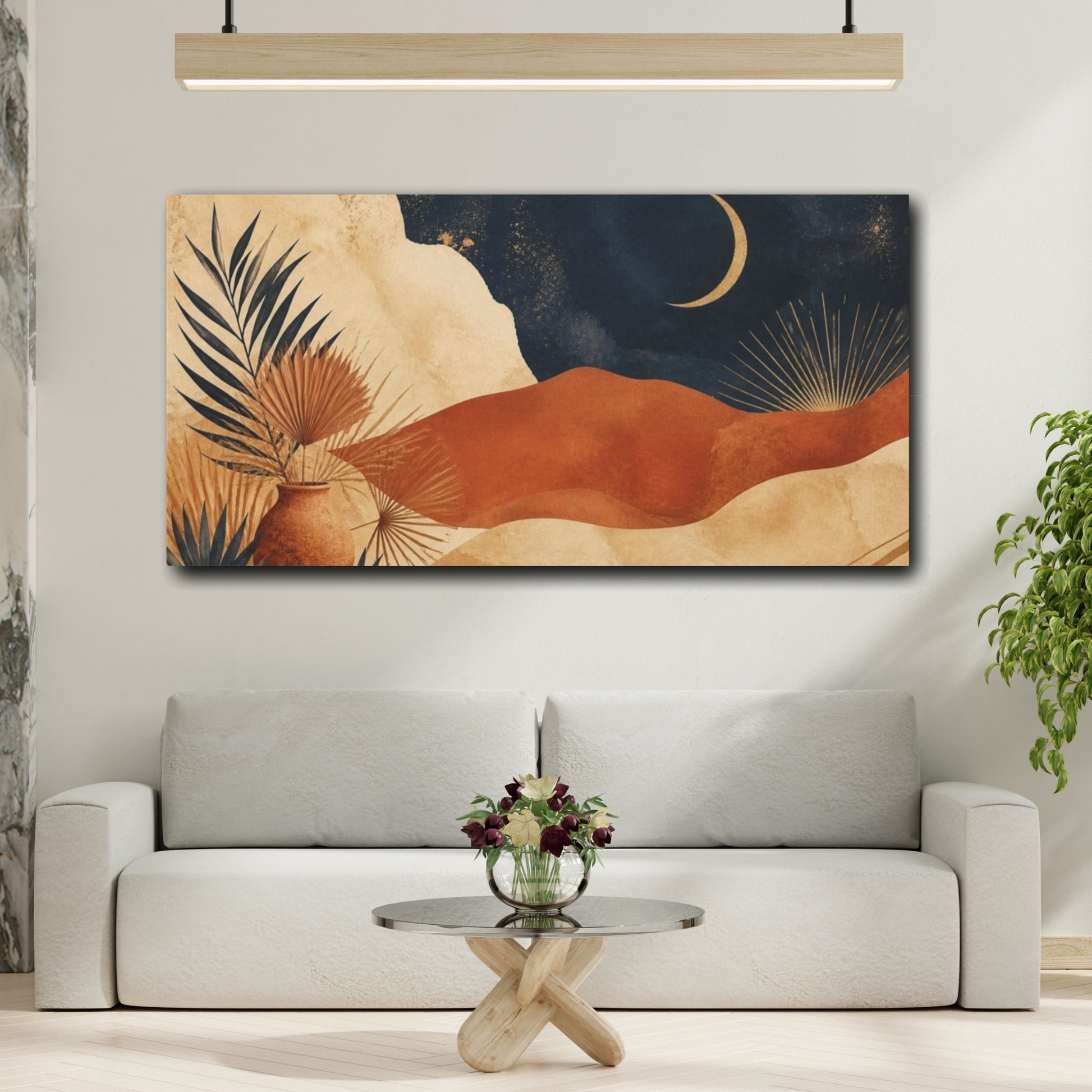 Mockup 2. Boho Crescent Moon Scene shown as canvas print