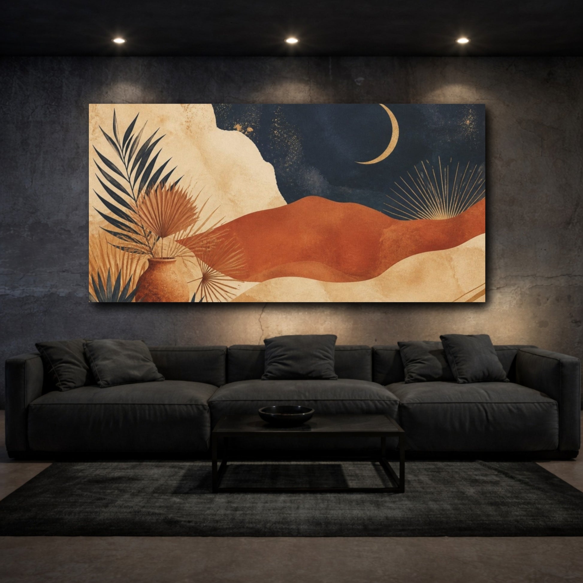 Mockup 3. Boho Crescent Moon Scene shown as canvas print