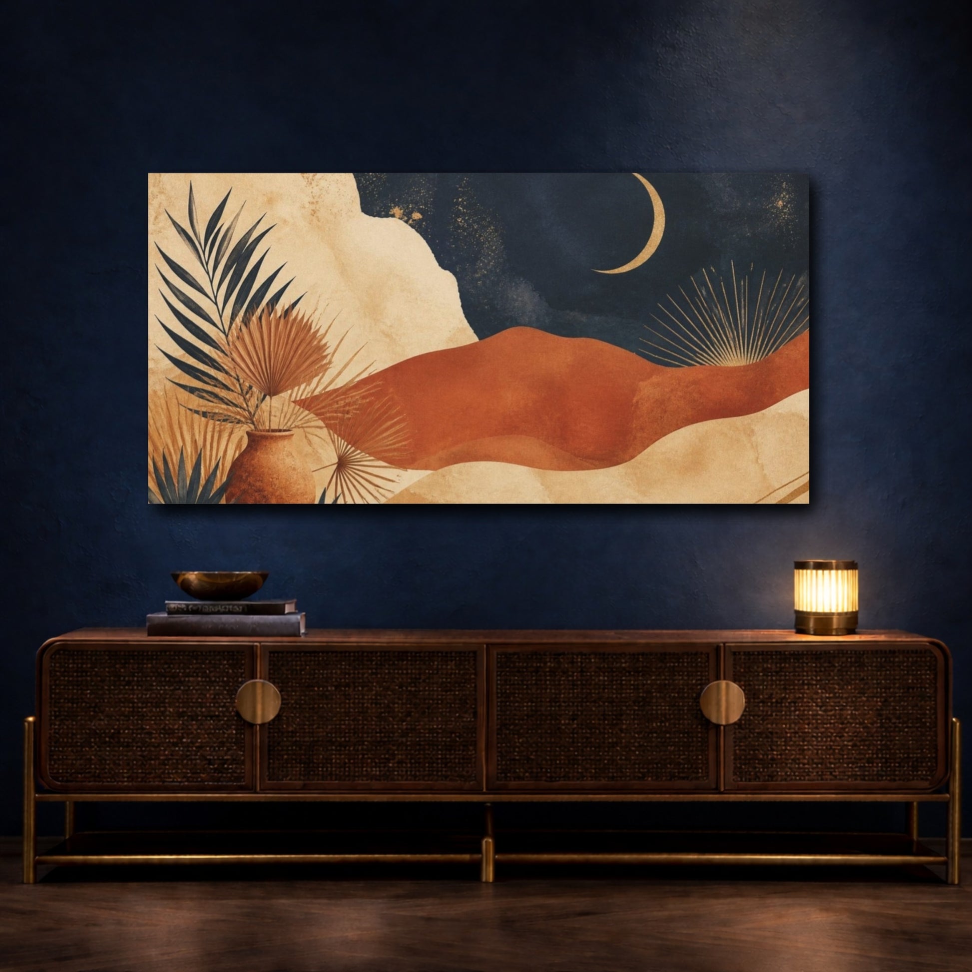 Mockup 4. Boho Crescent Moon Scene shown as canvas print