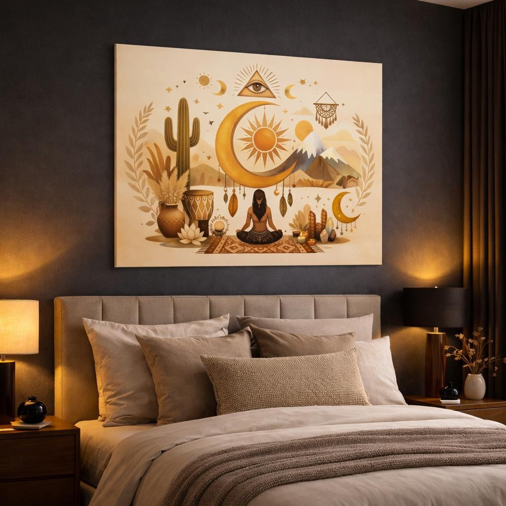 Boho Cultural Symbols shown as canvas wall art in a luxury bedroom