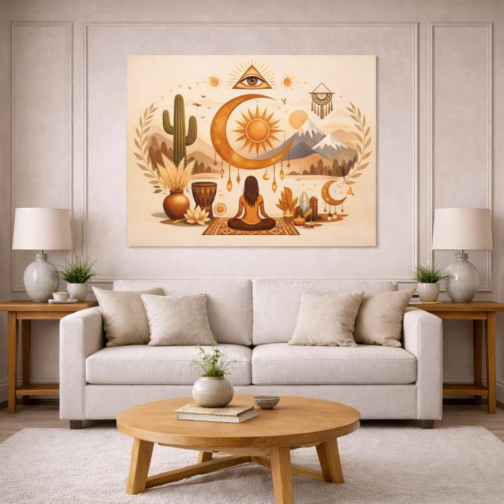 Boho Cultural Symbols shown as canvas wall art in a modern living room