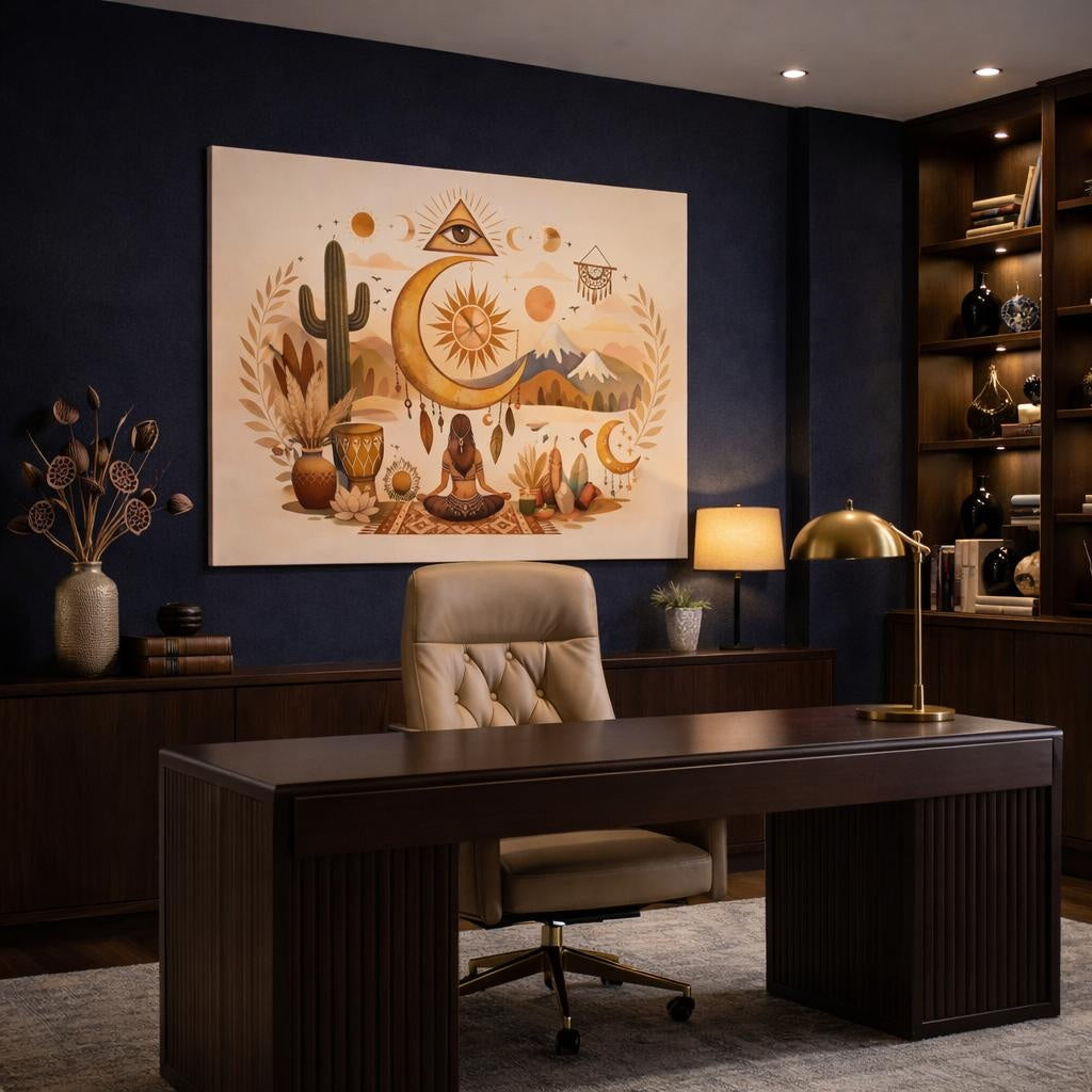 Boho Cultural Symbols shown as canvas wall art in a refined dining room