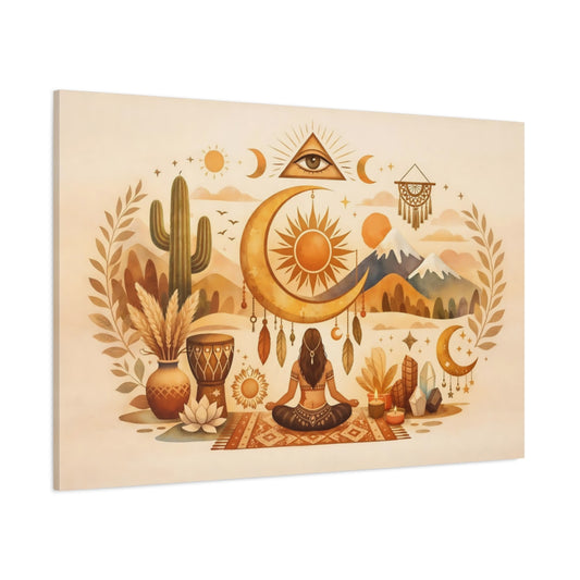 Boho Cultural Symbols shown as stretched canvas wall art