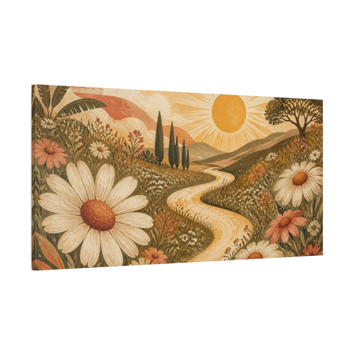 Side Mockup 2. Boho Daisy Sun Meadow shown as canvas print
