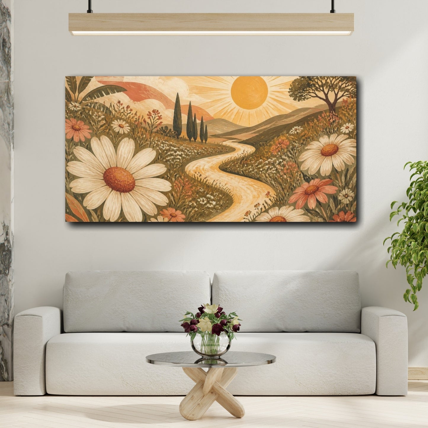Mockup 2. Boho Daisy Sun Meadow shown as canvas print