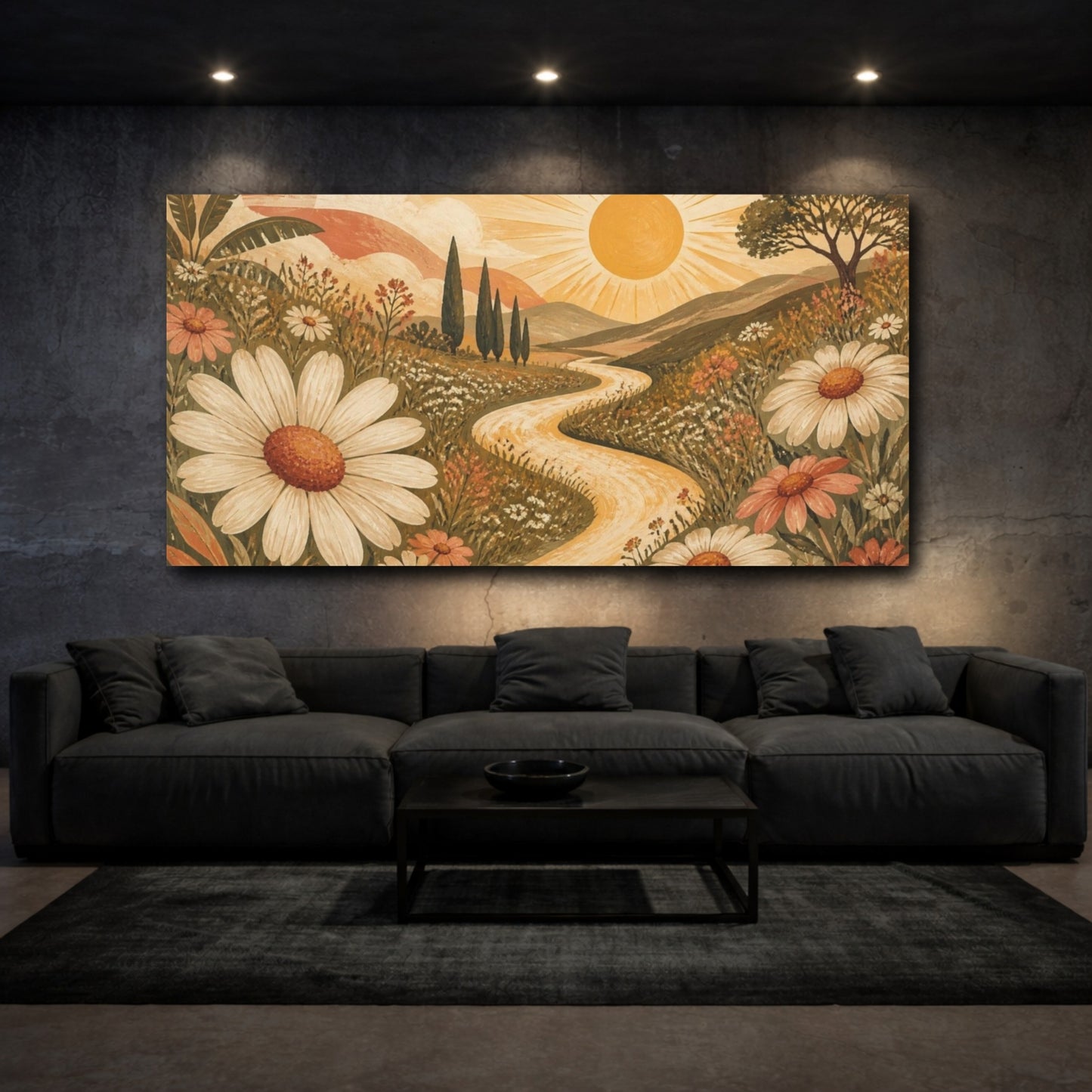 Mockup 3. Boho Daisy Sun Meadow shown as canvas print