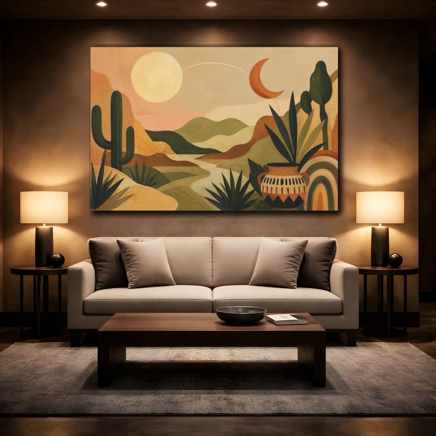 Mockup 2. Boho Desert Moon Landscape shown as canvas print