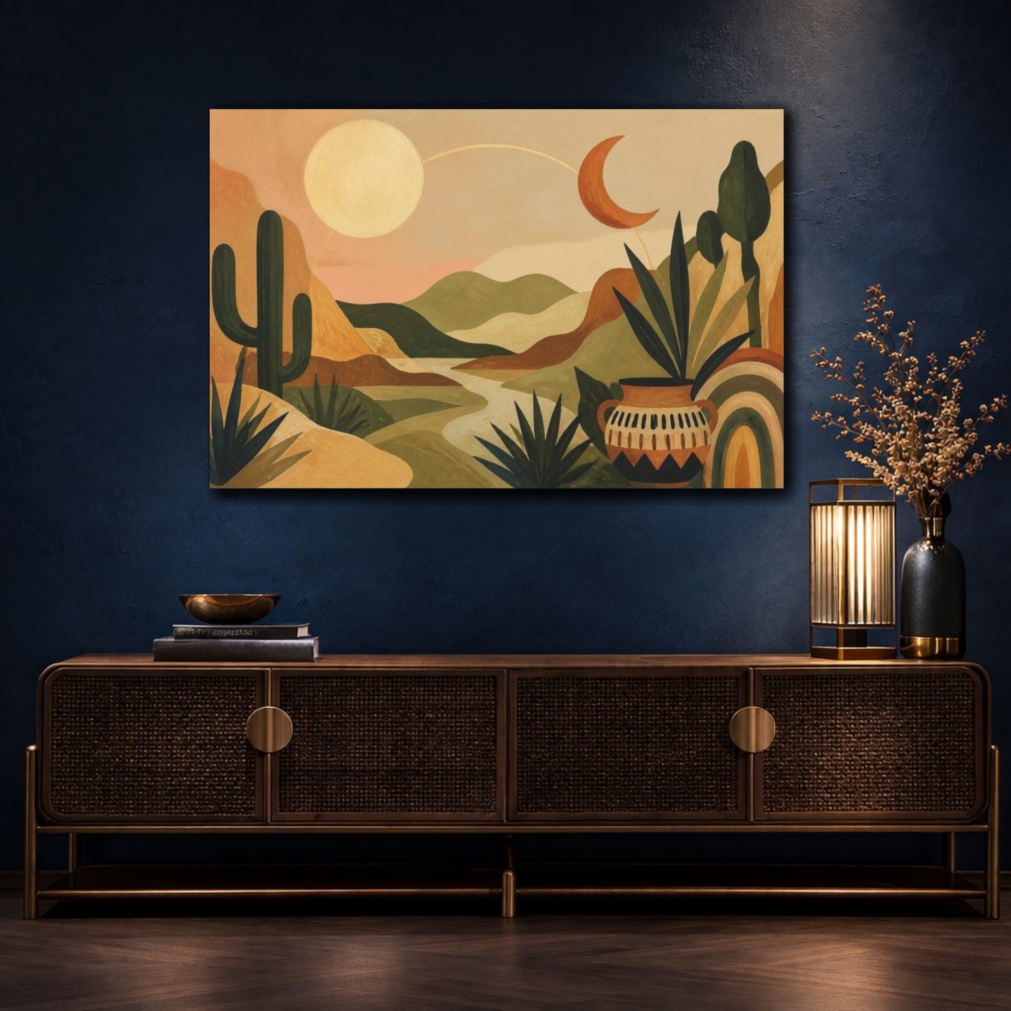 Mockup 4. Boho Desert Moon Landscape shown as canvas print