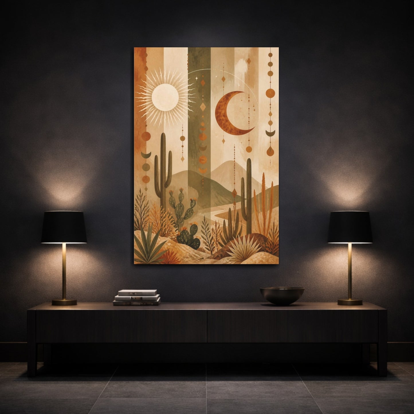 Mockup 3. Boho Desert Sun & Moon shown as canvas print