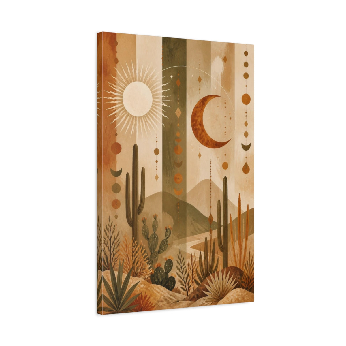 Side Mockup 2. Boho Desert Sun & Moon shown as canvas print