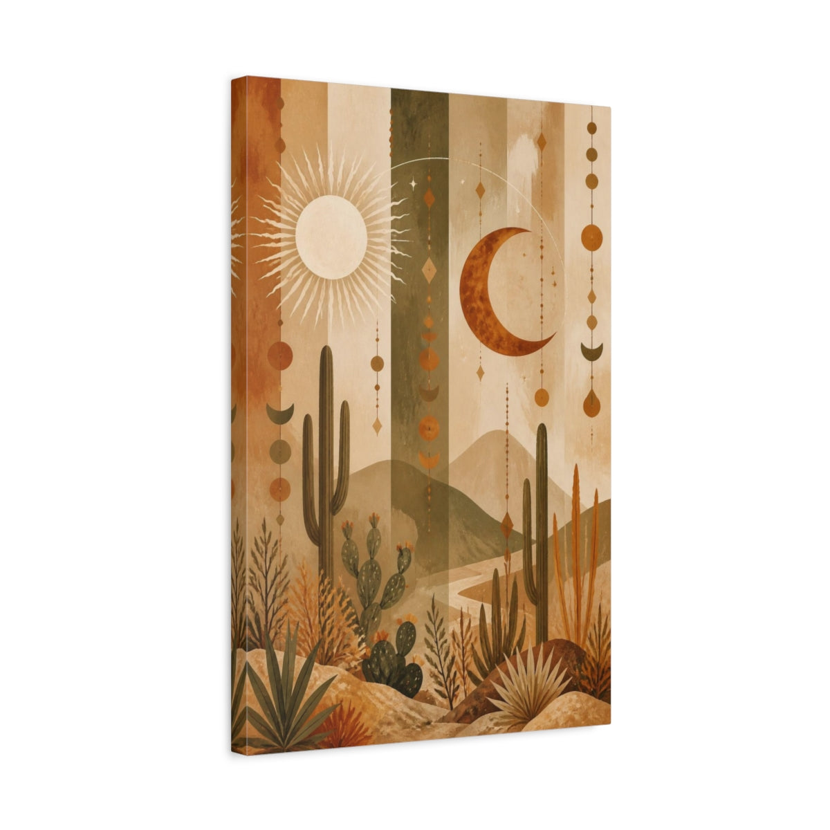 Side Mockup 3. Boho Desert Sun & Moon shown as canvas print