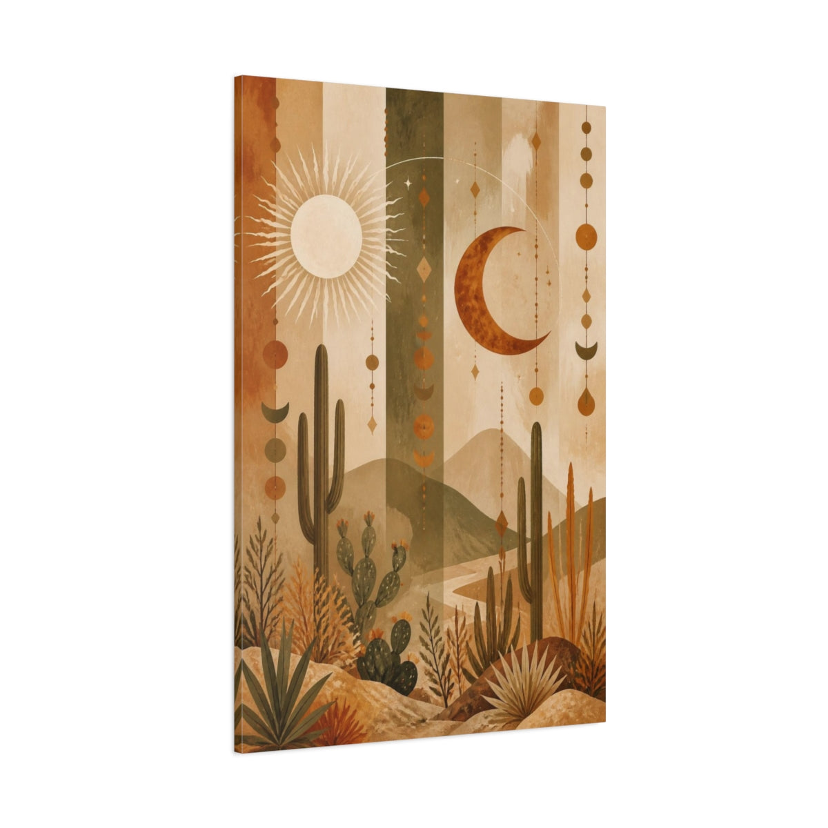 Side Mockup 1. Boho Desert Sun & Moon shown as canvas print