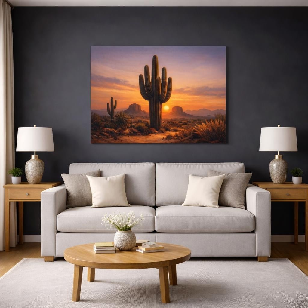 Boho Desert Sunset Saguaro Cactus Nature - Canvas Wall Art Print - YesArtYes