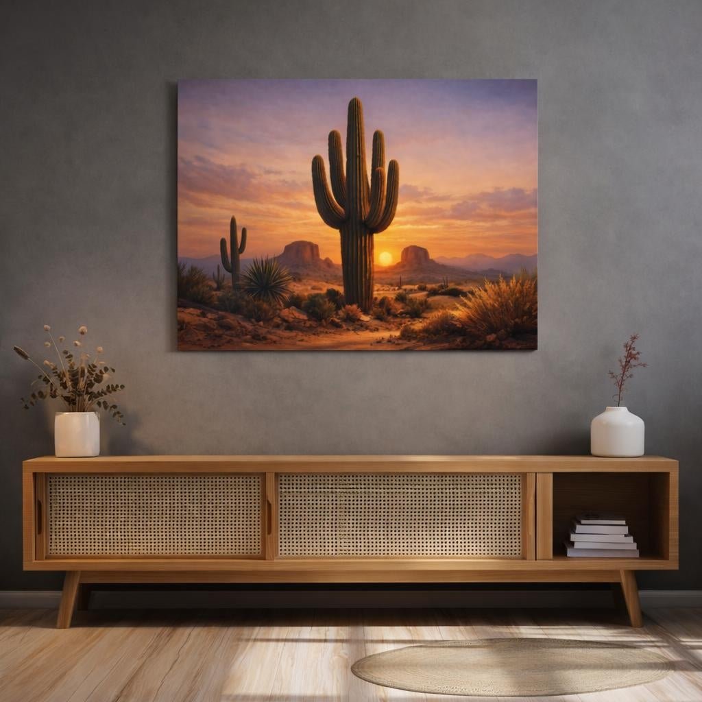 Boho Desert Sunset Saguaro Cactus Nature - Canvas Wall Art Print - YesArtYes