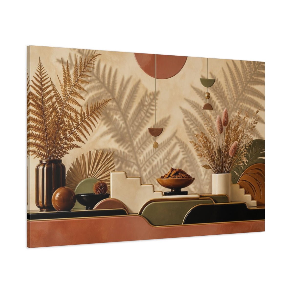Boho Dried Fern Vignette Canvas Print – Living Room, Above Couch, Tobacco & Sage - YesArtYes