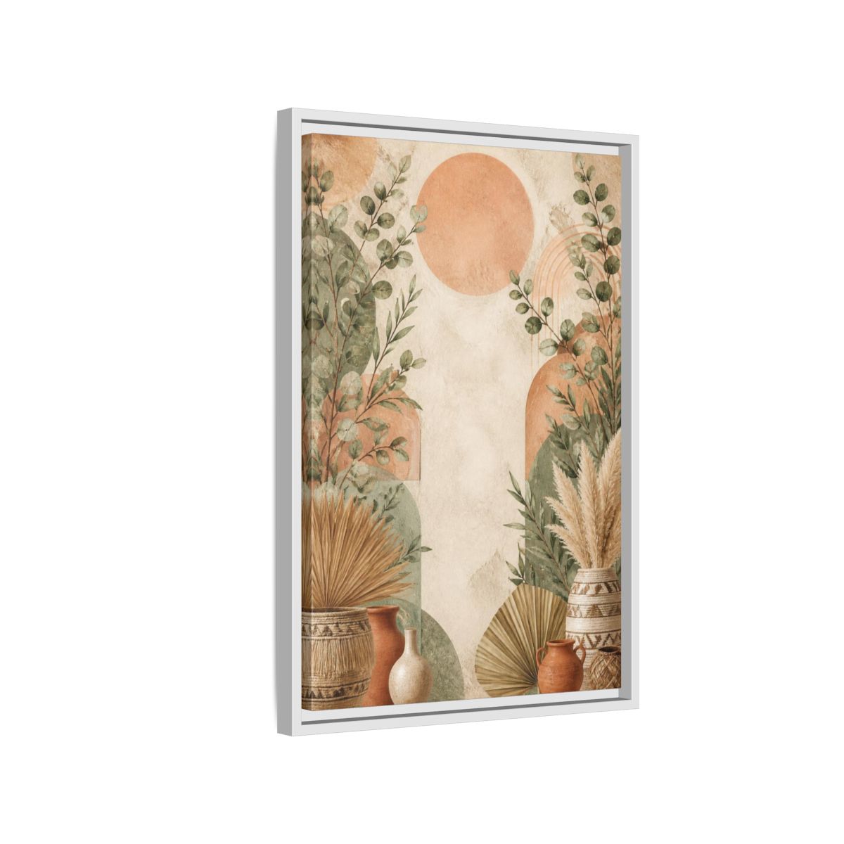 Side Mockup 1. Boho Eucalyptus Sun shown as framed canvas print
