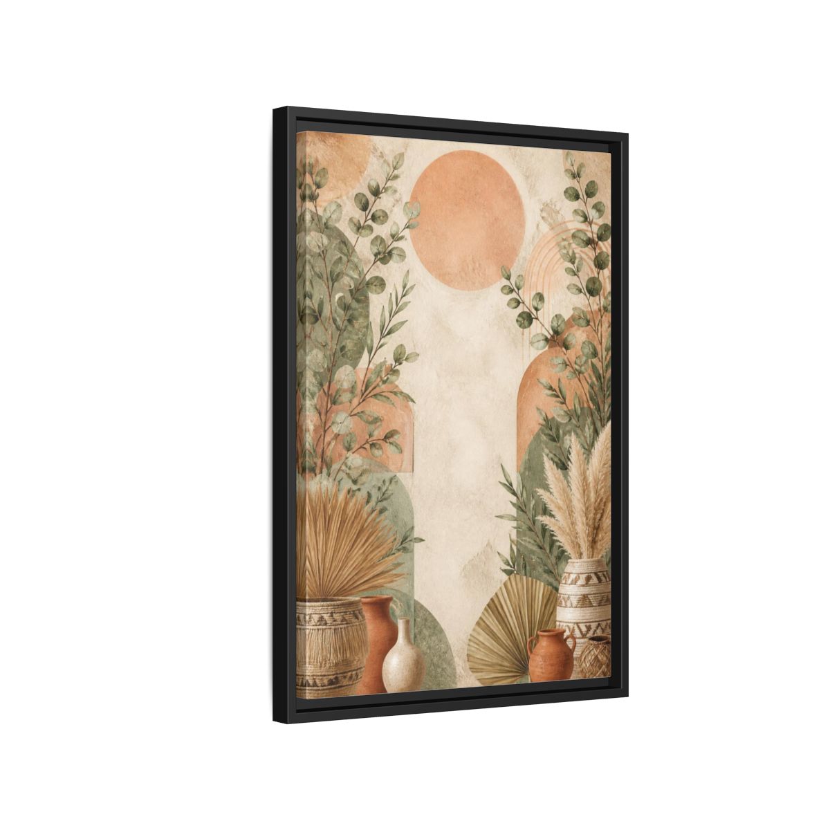 Side Mockup 3. Boho Eucalyptus Sun shown as framed canvas print