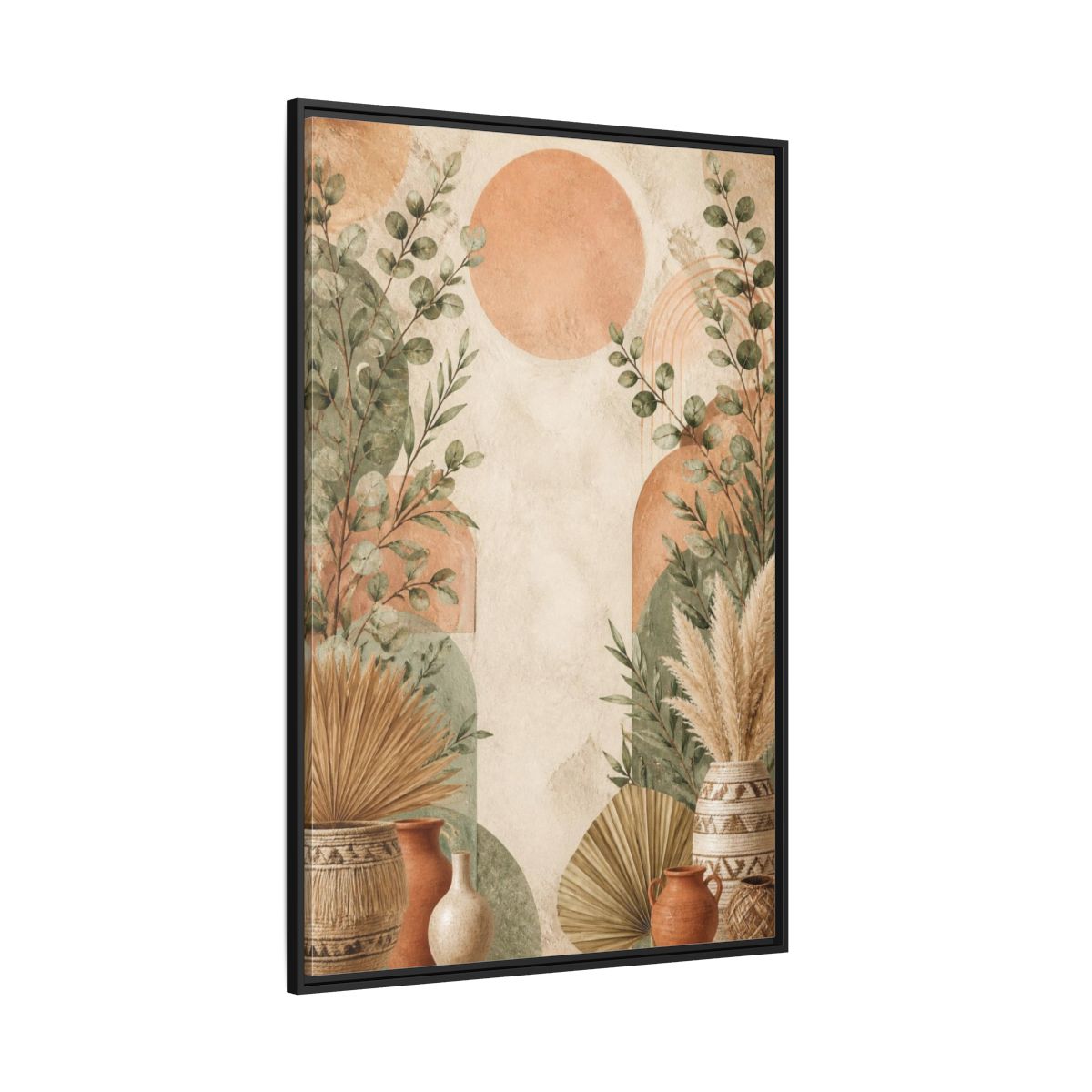 Side Mockup 12. Boho Eucalyptus Sun shown as framed canvas print