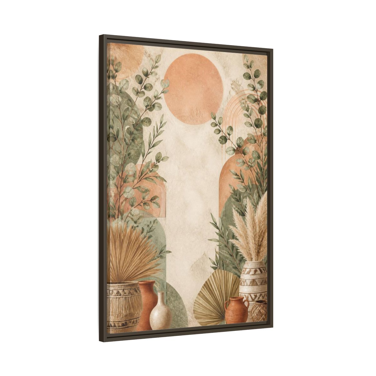 Main Mockup. Boho Eucalyptus Sun shown as framed canvas print