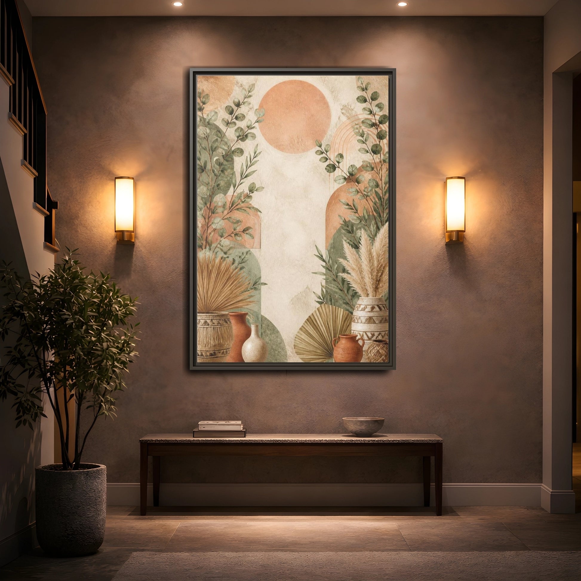 Mockup 2. Boho Eucalyptus Sun shown as framed canvas print